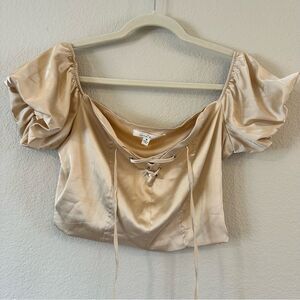 Cream Puff Sleeve Satin Crop Top
